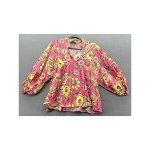 Sofia Made in Italy Blouse Pink Paisley Silk Blend Puff Sleeve Babydoll Art M